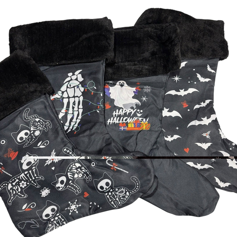 Goth Halloween Christmas Stockings Black Spooky Cats Bats Ghosts Plush Cuff
